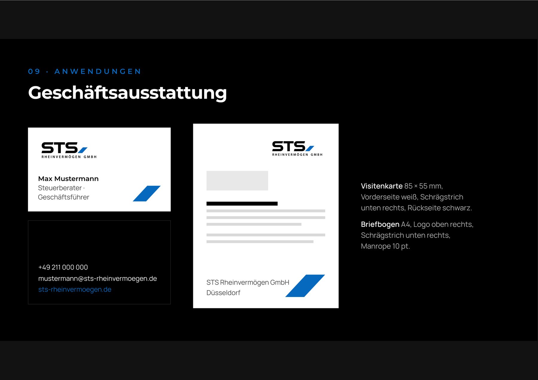 Geschäftsausstattung aus dem Brandbook für STS Rheinvermögen: Visitenkarte und Briefbogen