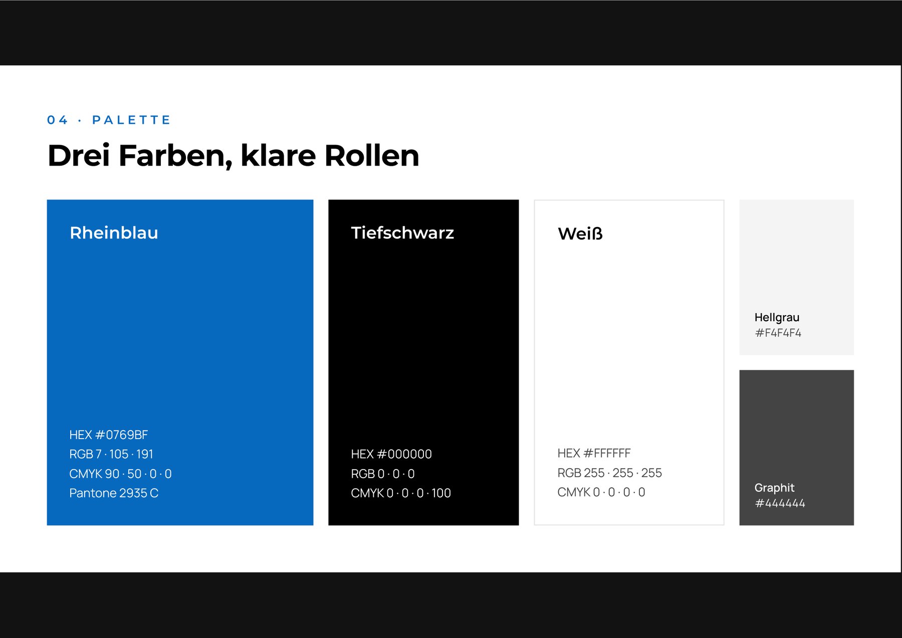 Farbpalette STS Rheinvermögen: Rheinblau, Tiefschwarz, Weiß